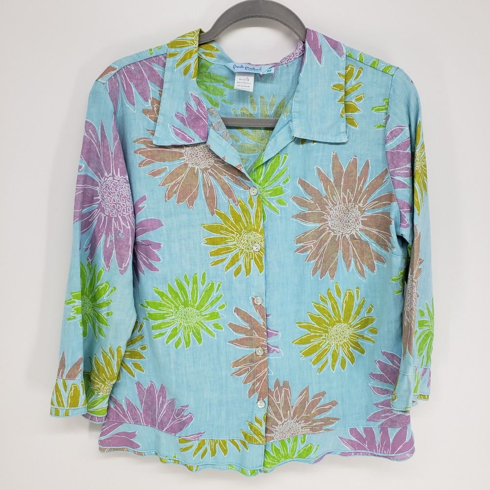 Fresh Produce Floral Linen Button Up Shirt Womens Medium Blue 3/4 Sleeve Art